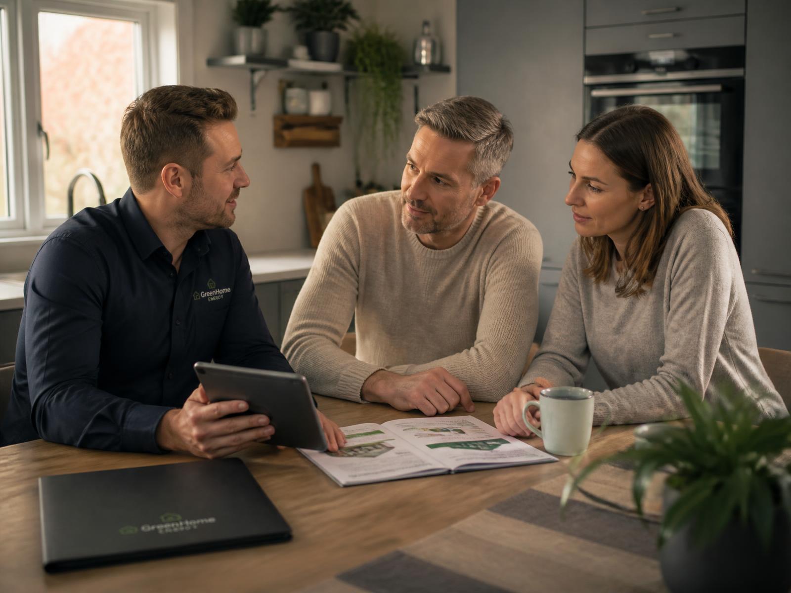 An ecovia advisor talking a couple through their household energy report at the kitchen table